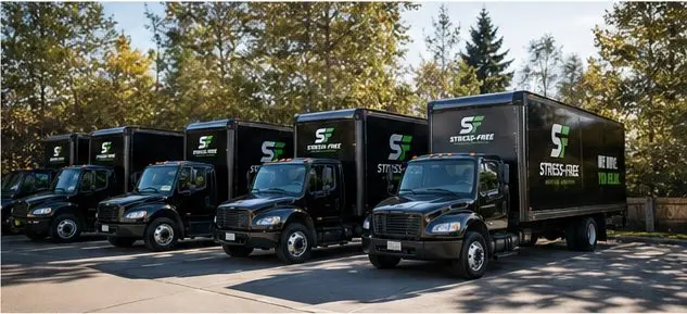 Fleet of Stress-Free Moving Company trucks ready for long distance moves